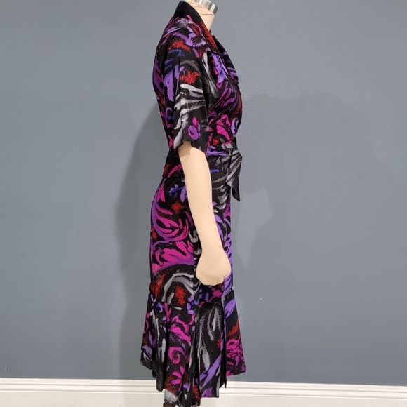 Vintage 80s PEA PATCH NY Purple Pink Sheath Pleated Hem Midi Dress XS/S - Picture 6 of 7